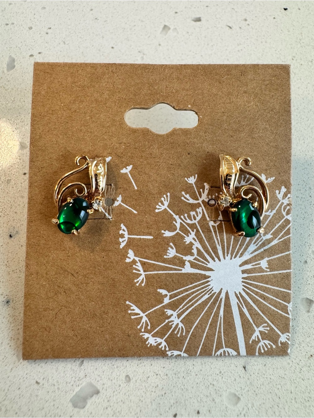 Gold-Tone Earrings with Emerald Green Stone